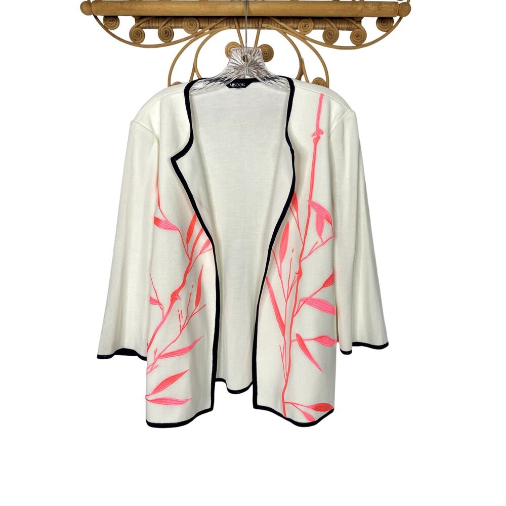 Misook women's botanical embroidered open knit jacket white L